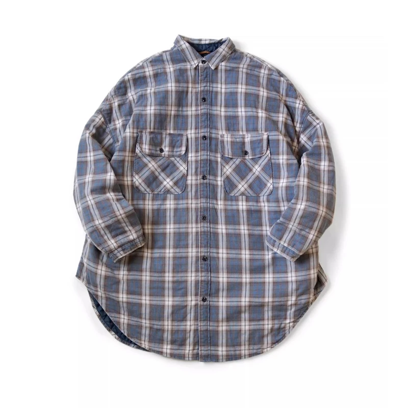 

Japanese Hirata and Hongri Style Mid Length Thicken Cotton Jacket Casual Warm Plaid Shirt Coat Loose Long Sleeves Overcoat Male