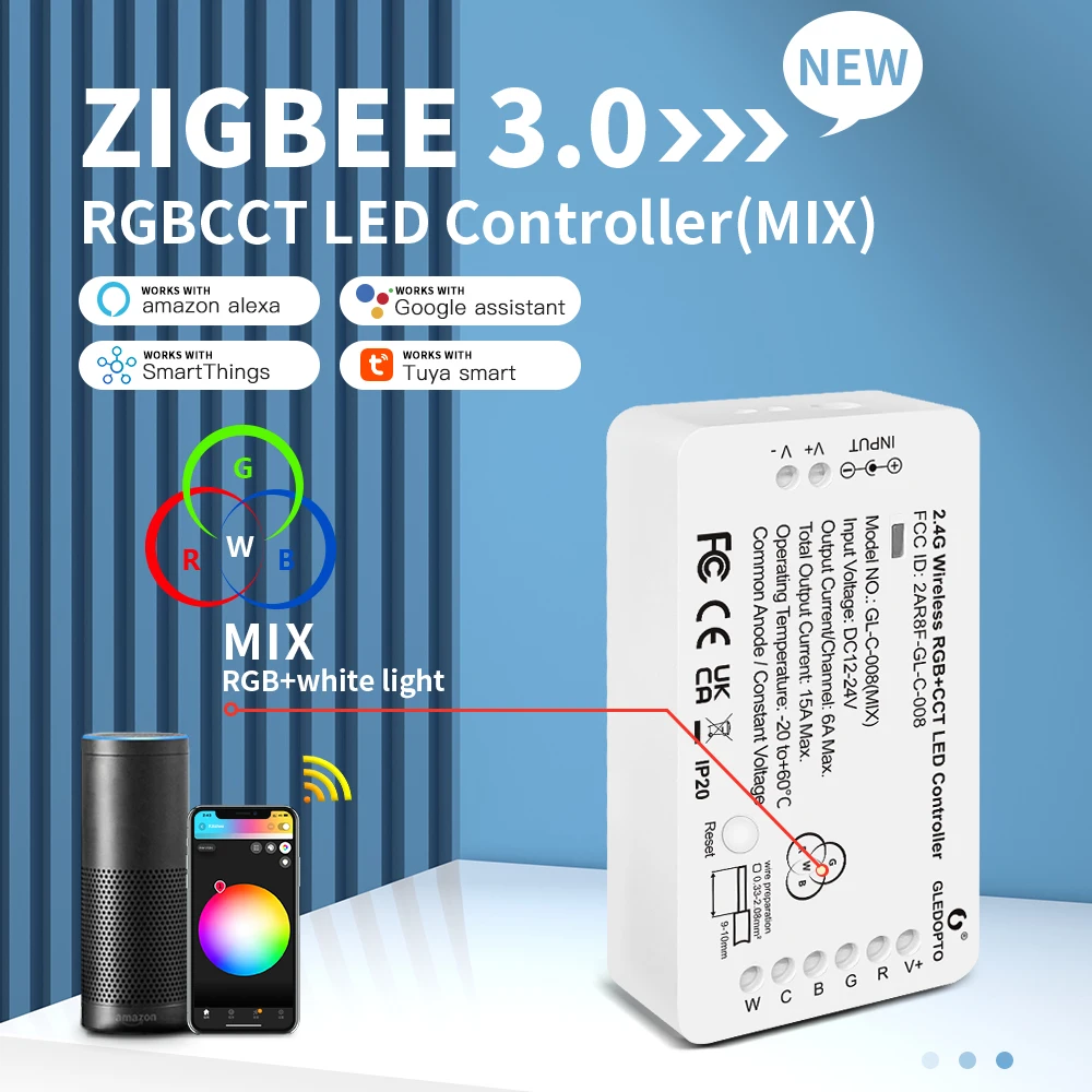 Imagem -04 - Gledopto Zigbee 3.0 Tira Conduzida Smd 5050 Rgb Mais Cct Rgbcw Pode Ser Escurecido Luz Flexível Dc12v Energia Google Casa Eco Mais Controle de Voz 5m