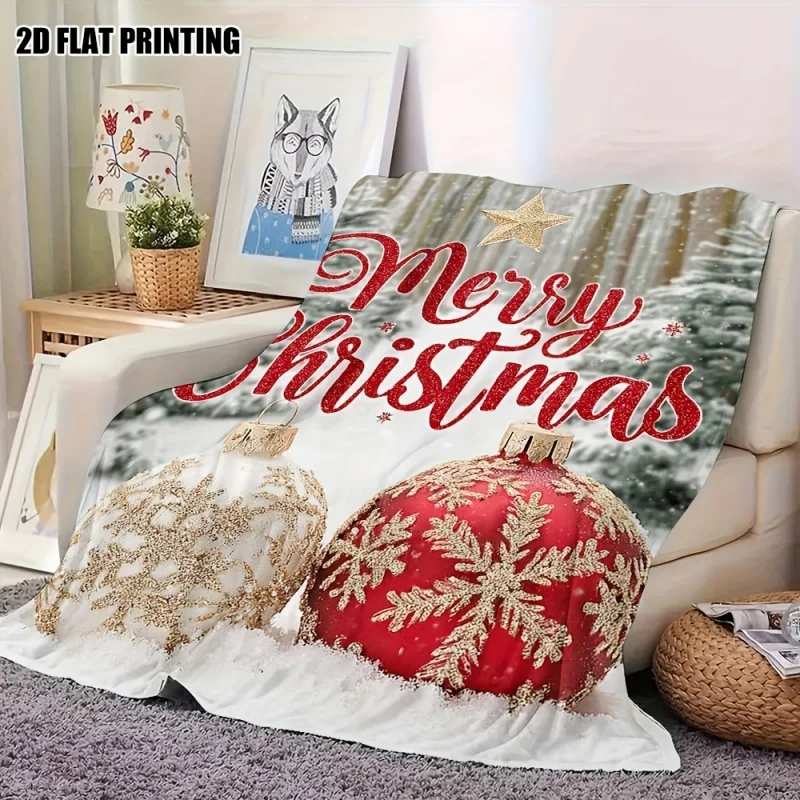 Glitter Red Gold Snowflake Christmas Bauble Winter Flannel Throw Blanket, Merry Christmas Ornament Snowy Scene HolidayBlanket