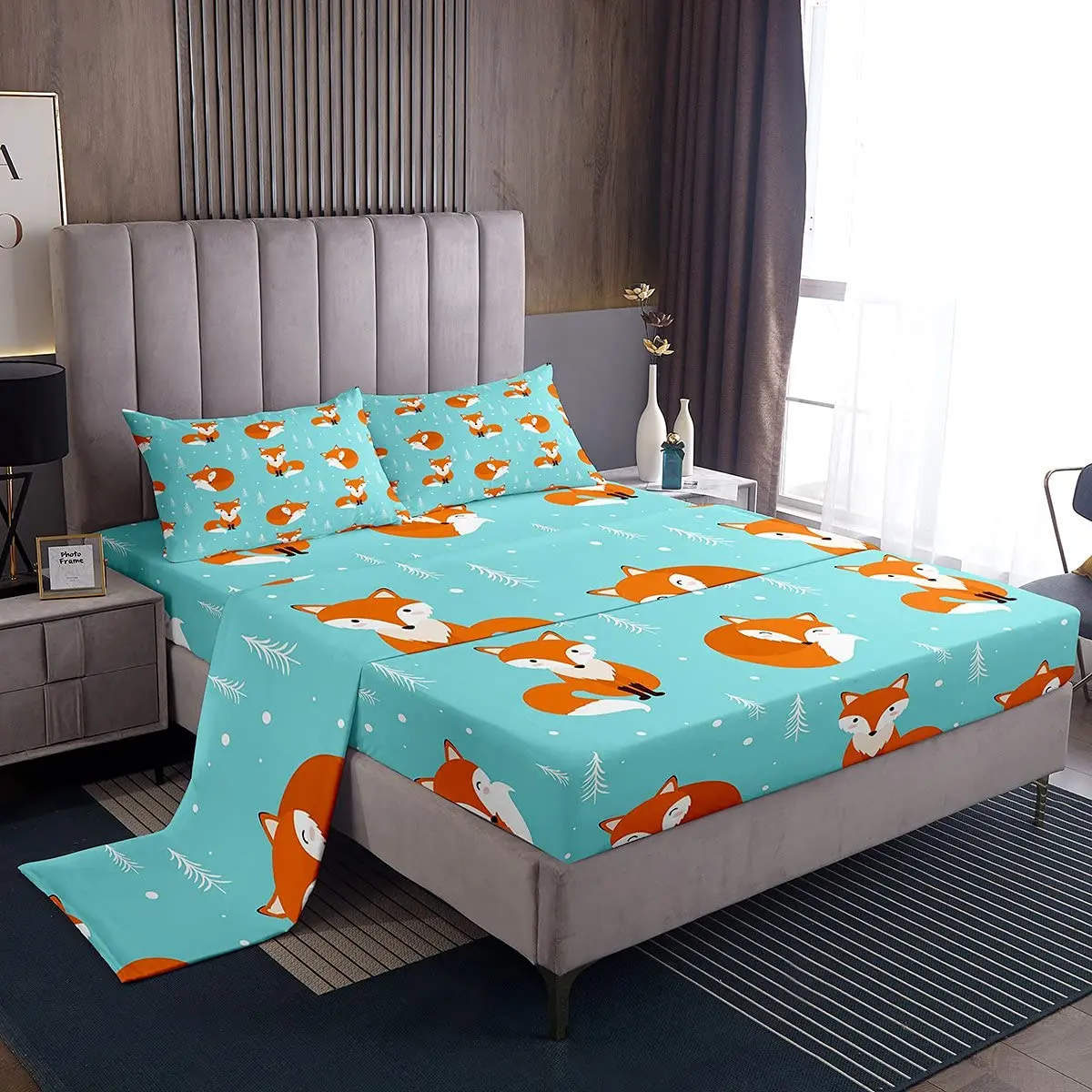 

Cartoon Fox Fitted Sheet Cute Woodland Fox Bed Sheet Set Kawaii Decor Woodland Fox Bedding Set for Boy Girl Kids Bedroom Decor