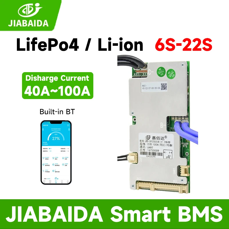 

JIABAIDA Smart BMS 8S 24V 6S-22S LiFePo4 Li-ion Lithium Battery 10S 13S 16S 20S 40A 50A 80A 100A Current JBD BMS BT Balance UART