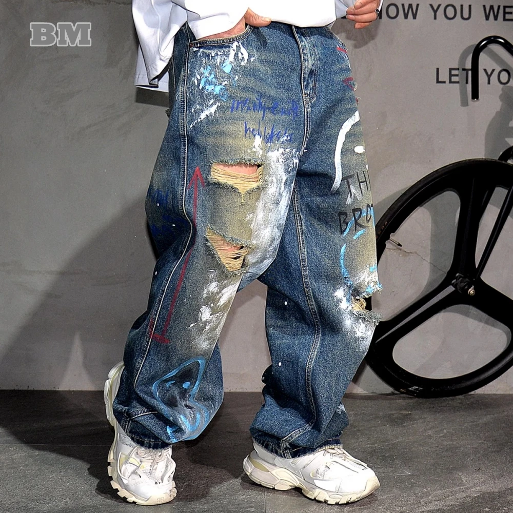 High End Men'S Clothing Hip Hop Graffiti Baggy Jeans For Men Streetwear Skateboard Ripped Jeans Korean Trendy Denim Trousers