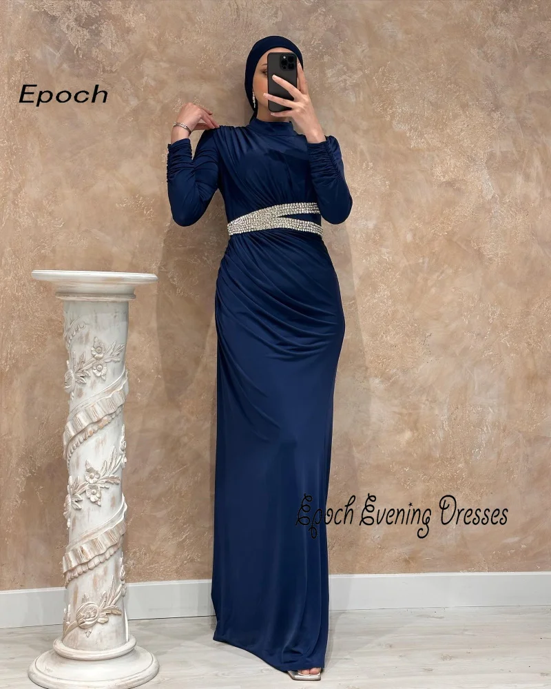 Epoch Long Prom Dress فساتين السهرة O-Neck Elegant Crystal Belt Muslim Cocktail Party Gown For Sexy Women 2024