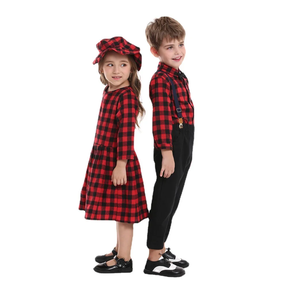 Autumn Christmas Children Clothes Boys Girls Plaid Shirt Suspender Trousers Two-Piece Set Long Sleeve Cute Fashion Clothing