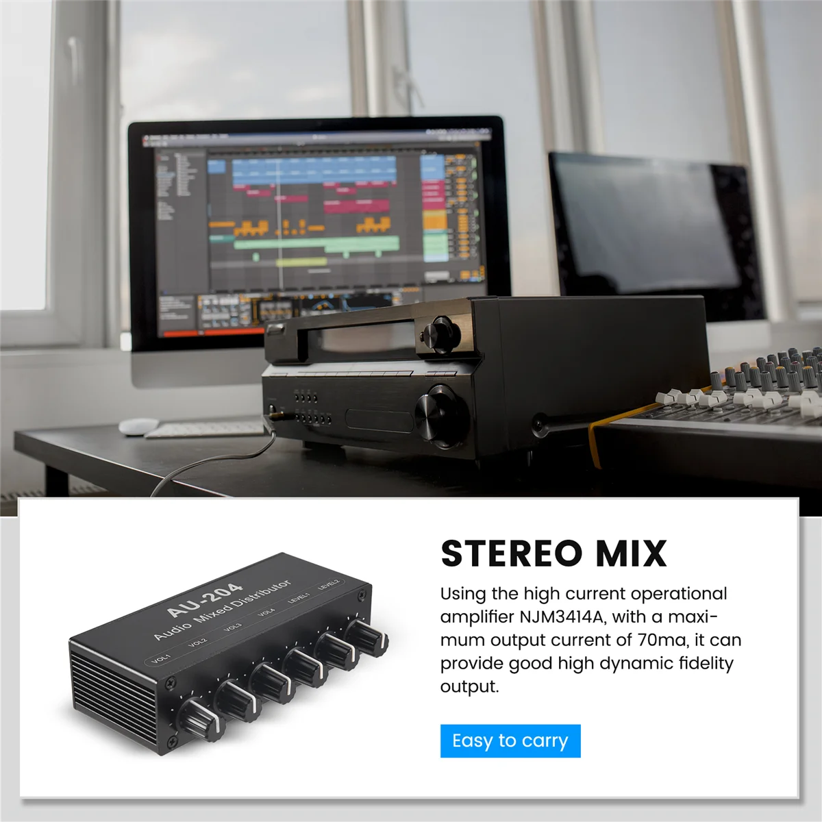 

A43M Stereo Mixer Audio (2 Input 4 Output) Push Four Headphones or External Power Amplifiers Volume Independent Control