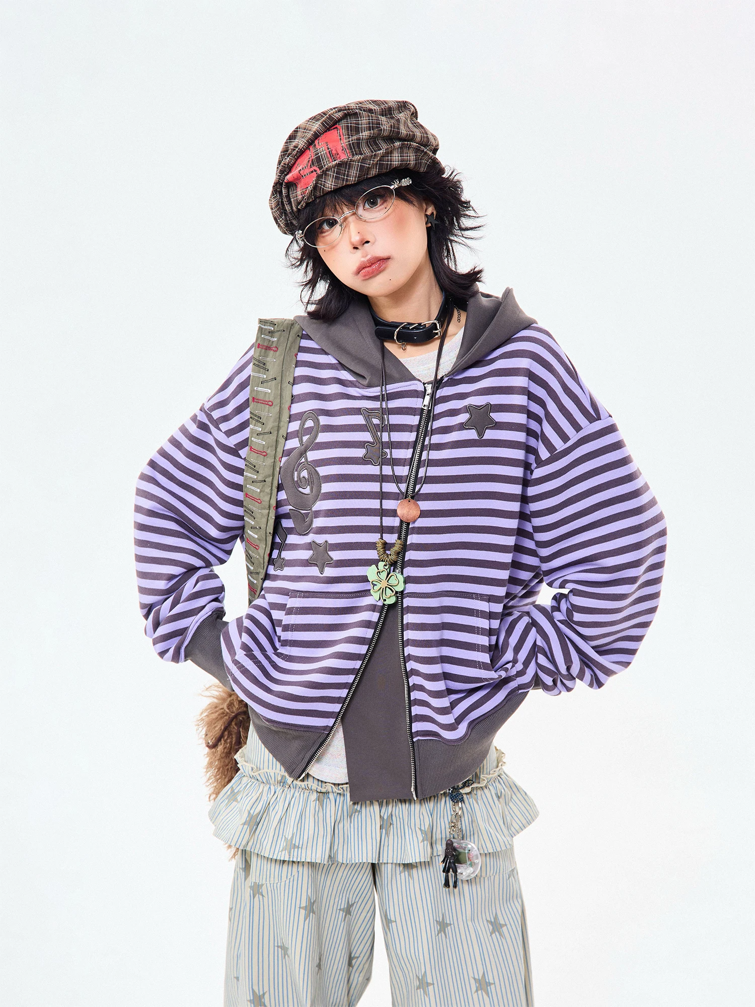 MIKYO Felpa con cappuccio retrò americana da donna ampia vestibilità slim casual con cerniera fantasia a righe felpa cardigan aperto alla moda Jaet