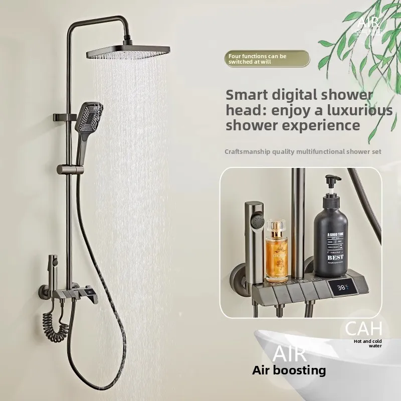 Gun Gray Aircraft Carrier Full Copper Set Household Bathroom Piano Button Pressurized Nozzle Shower Set