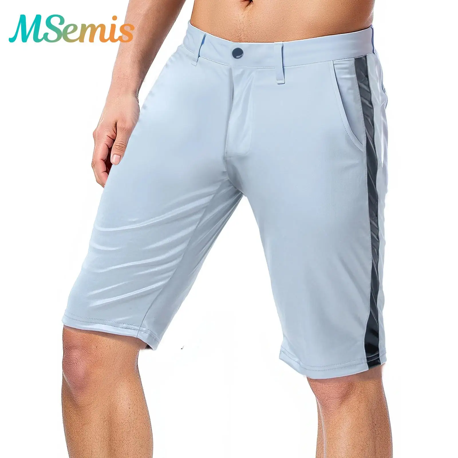 

Mens Glossy Faux Leather Tight Shorts Color Blocking Side Seams Pockets Skinny Shorts Swim Trunks Beach Club Party Punk Costume