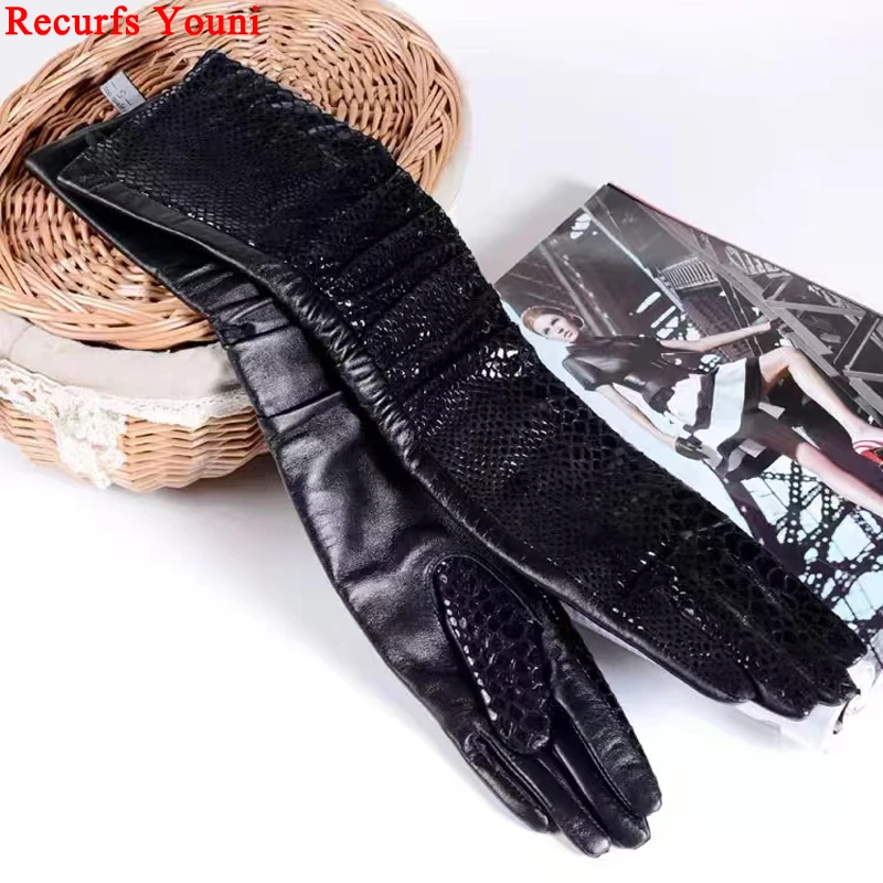 

Genuine Leather Long Glove for Women Autumn Winter Arm Warmer Feminino Folded Snake Printed Extended 40 50cm Guantes Negros