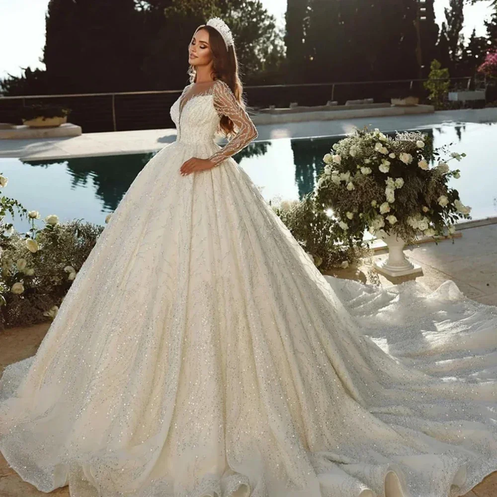 

Customzie Gorgeous Princess Long Sleeve Wedding Dress 2025 Tulle Sheer Neck Sequins Beading Bridal Gowns Vestido De Novia