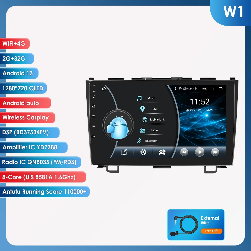 9 "Algpo 2Din Android14 Autoradio voor Honda CRV CR-V 2007-2011 4G BT CarPlay Android Auto RDS DSP GPS Snapdragon 6115 360 ° CAM