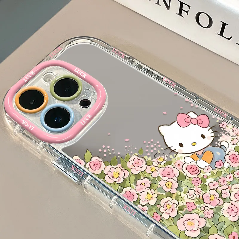 Funda de Teléfono con Espejo de Hello Kitty y Flores Rosas Encantadoras para iPhone 17 Pro Max, 7, 8, 15, 14, 16 Plus, 13, 12, 11 Pro, X, XR, 16E, 17 Air