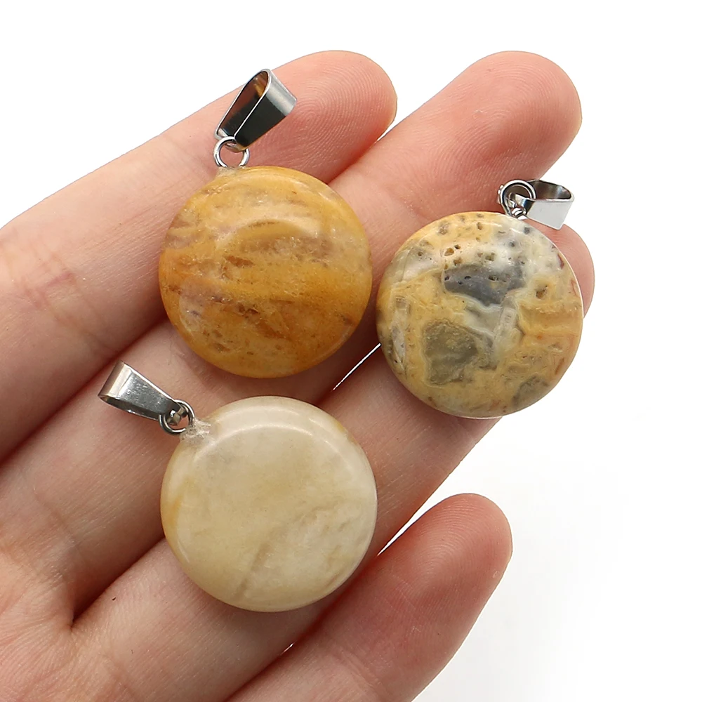 Small Natural Stone Polished Round Picture Stone Crystal Single-Hole Bail Pendant DIY Necklace Jewelry Materials Accessories