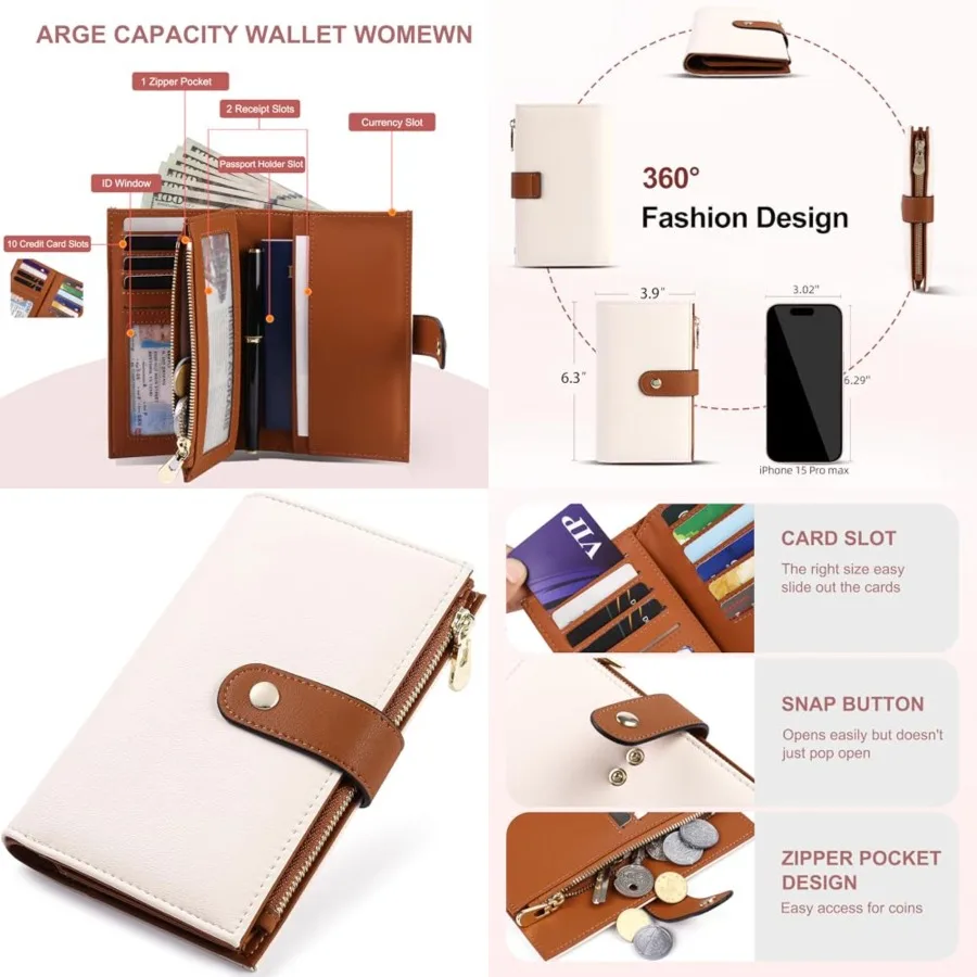 

Women's Wallets RFID Blocking Leather Trifold Clutch Wallet Credit Card Holder Ladies Travel Wallet Purse with Pen Holder