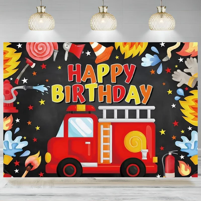 Fire Fighting Birthday Backdrop Party Fire Engine Water Cartoon  Photography Background Little Fireman Truck Man Banner Decor