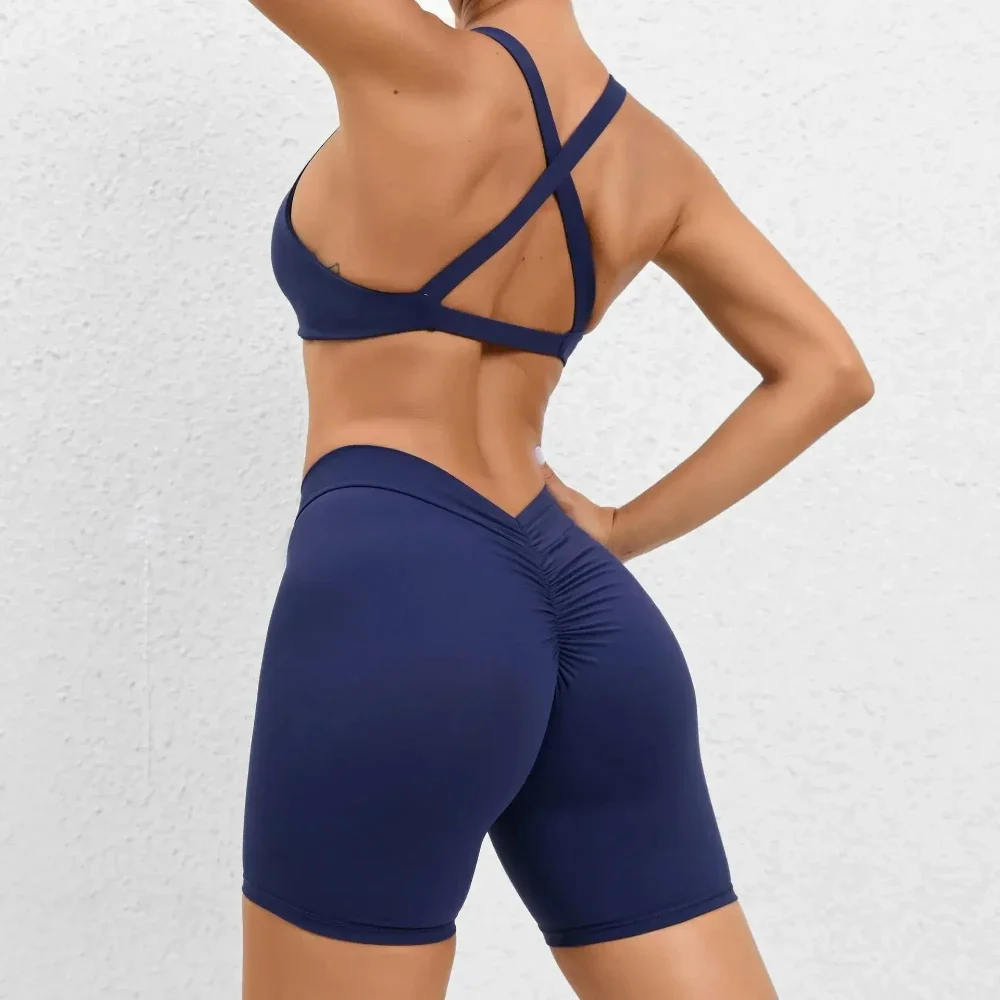 Seamless Yoga Sets Sports Fitness High Waist Hip-Lifting Shorts Cross Beauty Back Bra Suits Workout Gym Leggings Set for Women