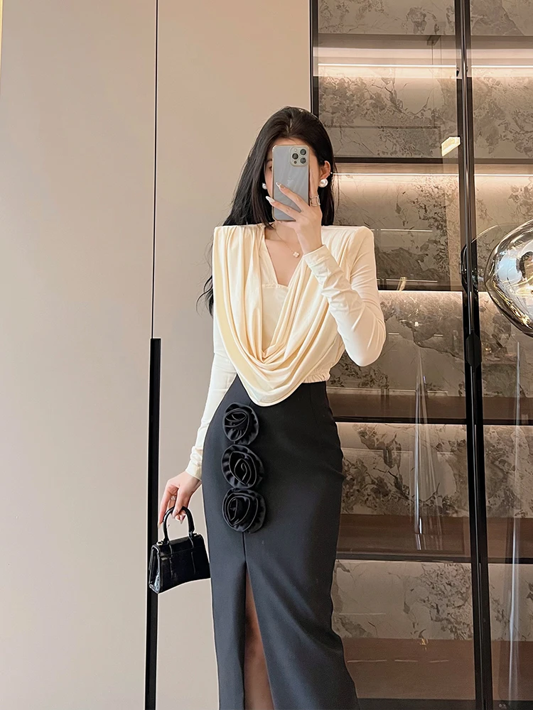 

Ele Vintage Long Sve Dr High Waist Bodycon Skirt Two Piece Set Faionable Women's Clothing Ensemble