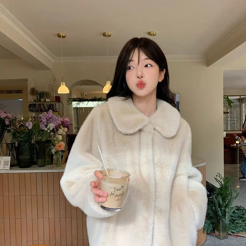 フェイクファーガールズコートコートレディースハイウエストイレギュラーホリデーウィフストリートウェアヴィンテージシルキーミックスコットングレーパフレギュラースリム