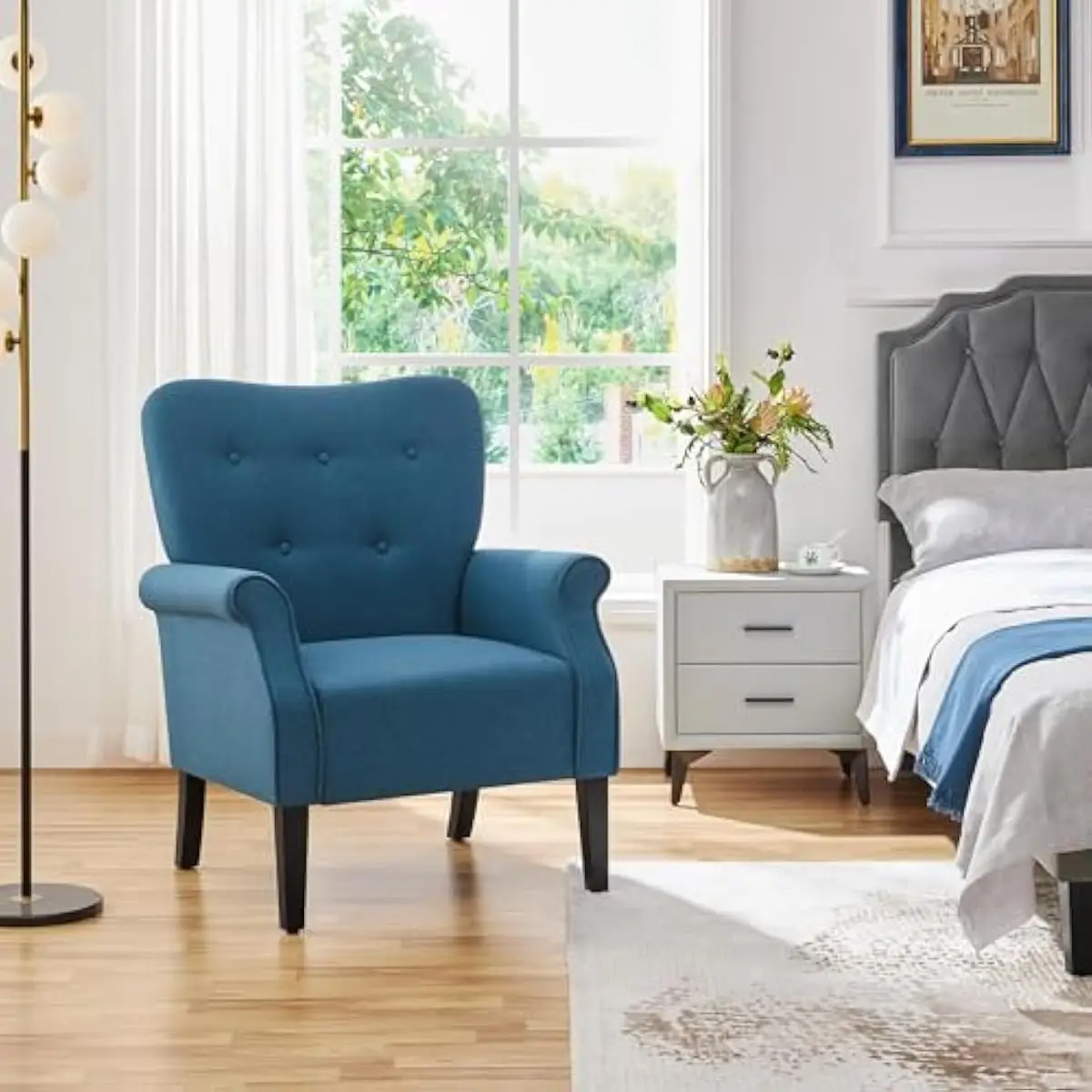 Two Navy Blue Mid-Century Accent Chairs with Rolled Armrests Tufted Backrests and Wing Support 28D x 29W x 37H Inches Sturdy Rub