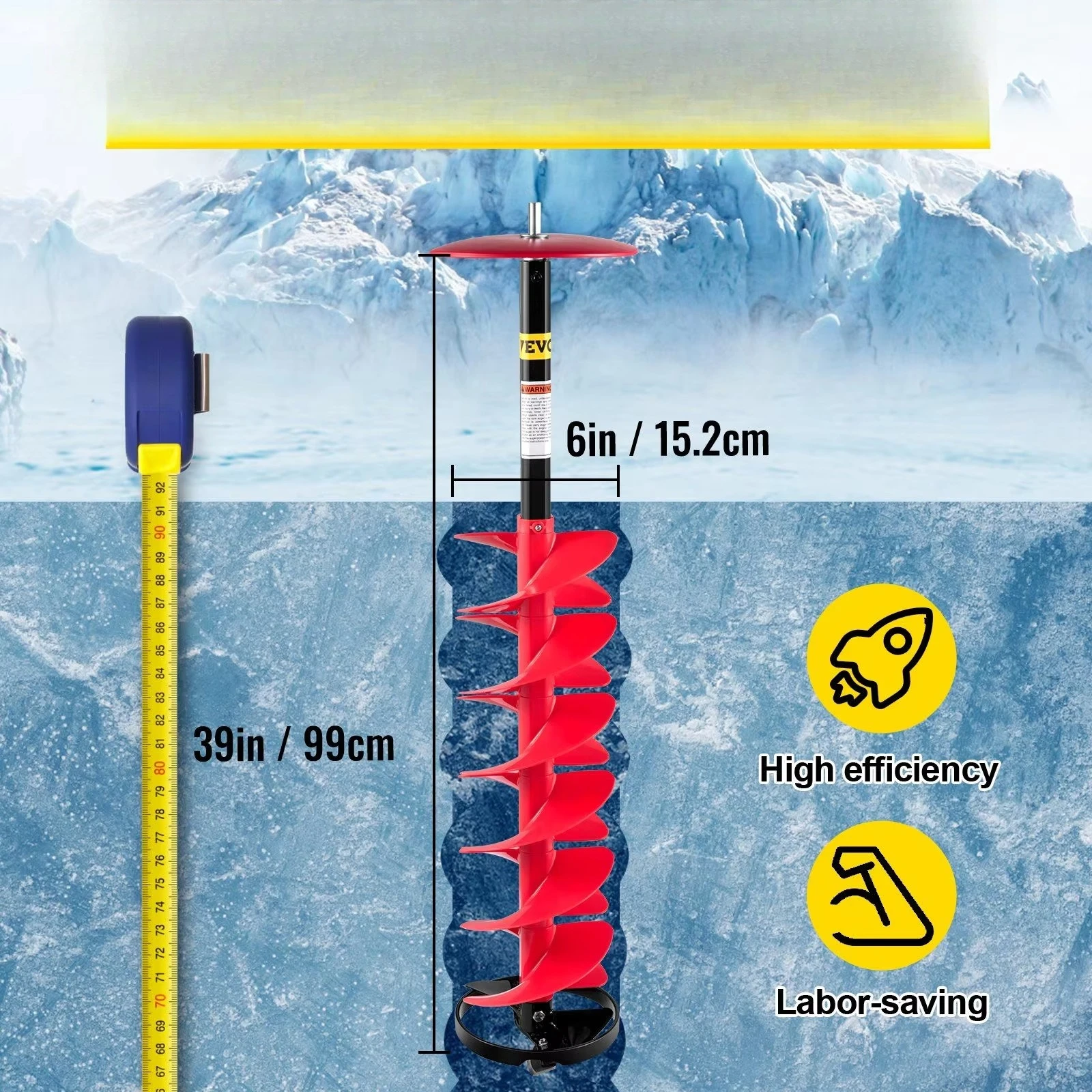 

6\" Diameter Nylon Ice Drill Auger 39\" Length 11.8\" Extension Rod Top Plate Blade Guard Ice Fishing Burrowing Red Bit Drill