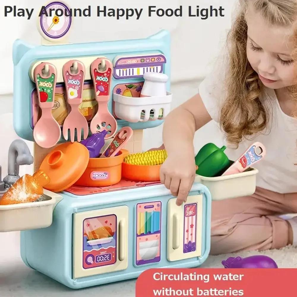 Children's Mini Simulated Kitchen Toy Set with Light Water Spray Pretending Character Cooking Food Kitchenware Toy Set Gift