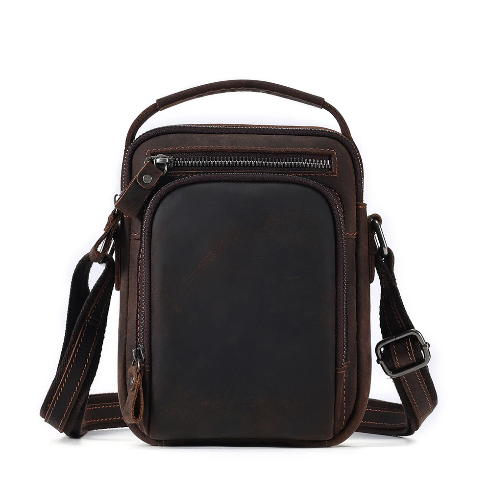 Bolso de un solo hombro para hombre, bandolera Retro de cuero, bolso cruzado informal de Caballo loco, bolsos de nicho para hombre