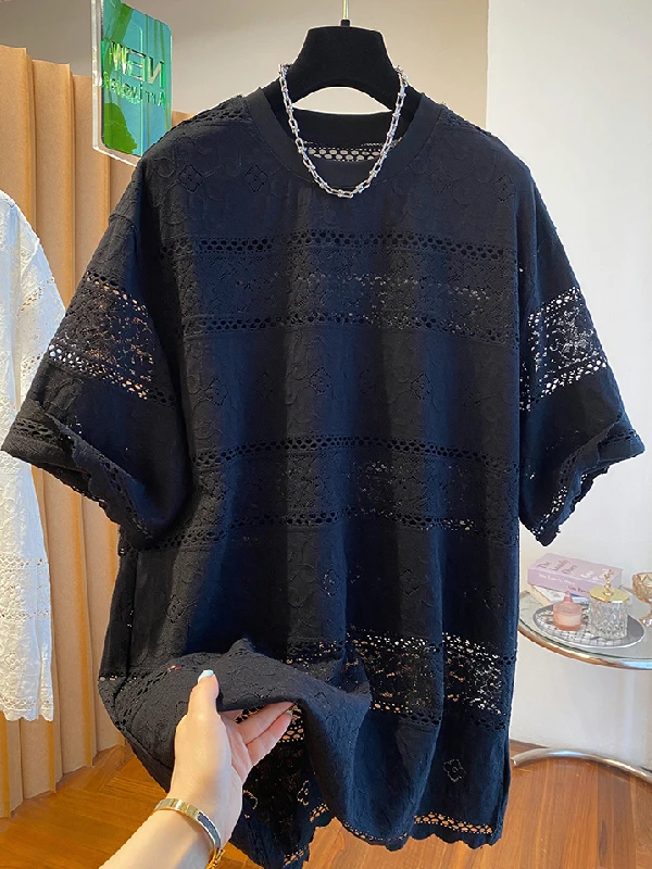 

plus Size Lace Hollow out Short Sleeve T-Shirt Women's Summer Thin Loose Large Version Outerwear Top Big Size Fashionable