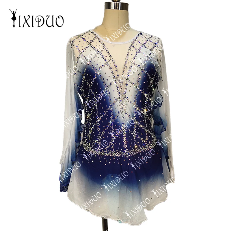 

Women's Girls' Figure Skating Dress Blue High Elasticity Competition Training Shiny Ice Skating Wear with Handmade Rhinestones