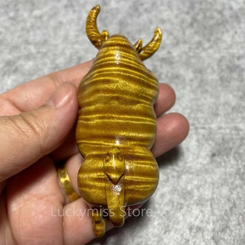 Hand‑Carved Fighting Bull Hand Piece Golden Nanmu Wood Stunning Water‑Ripple Grain Zodiac Ox 
