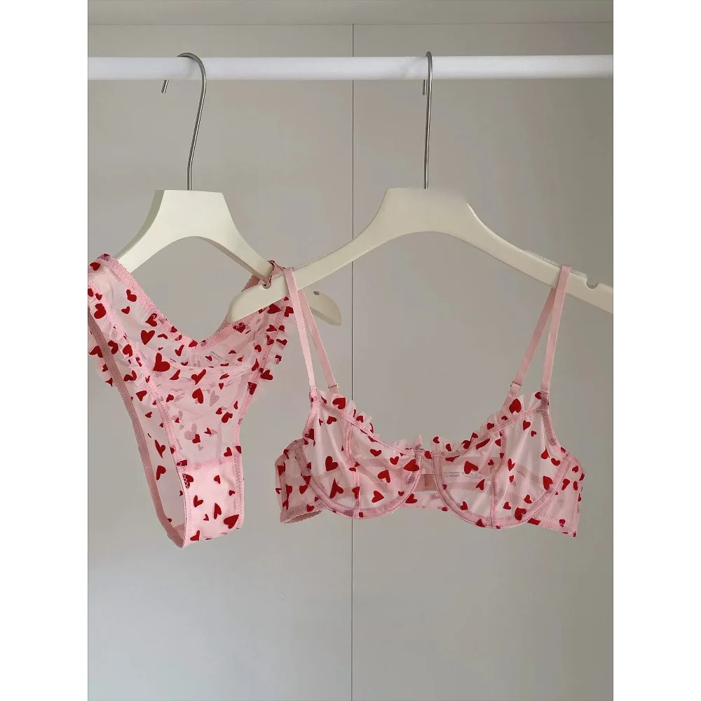BANERDANNI Ladies Delicate French Heart Lace Mesh Bra Set Ultra‑Thin Push‑Up Anti‑Sagging Soft Light Intimates Underwear Kit
