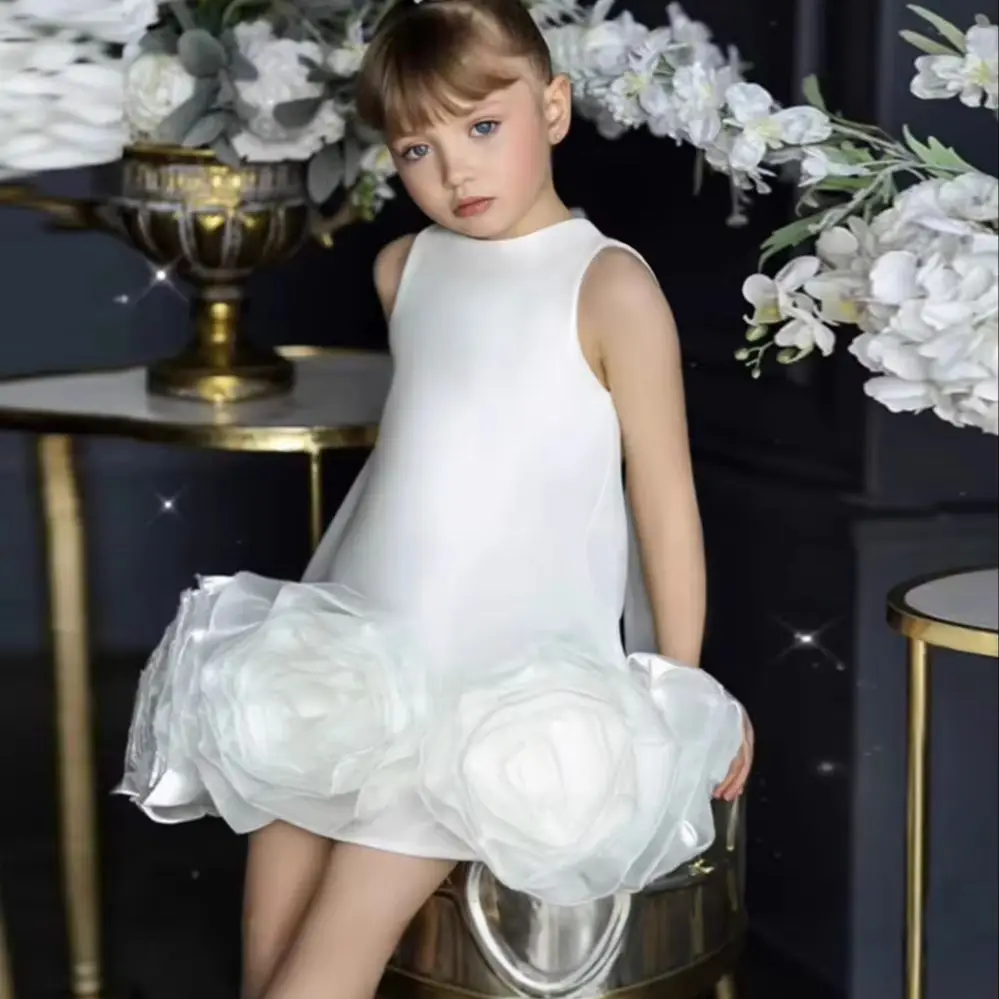 Toddler Elegant White Flower Girl Dress Oversized 3D Rose Hem Wedding Gown Baby Girl Princess Dress Birthday Party Outfit