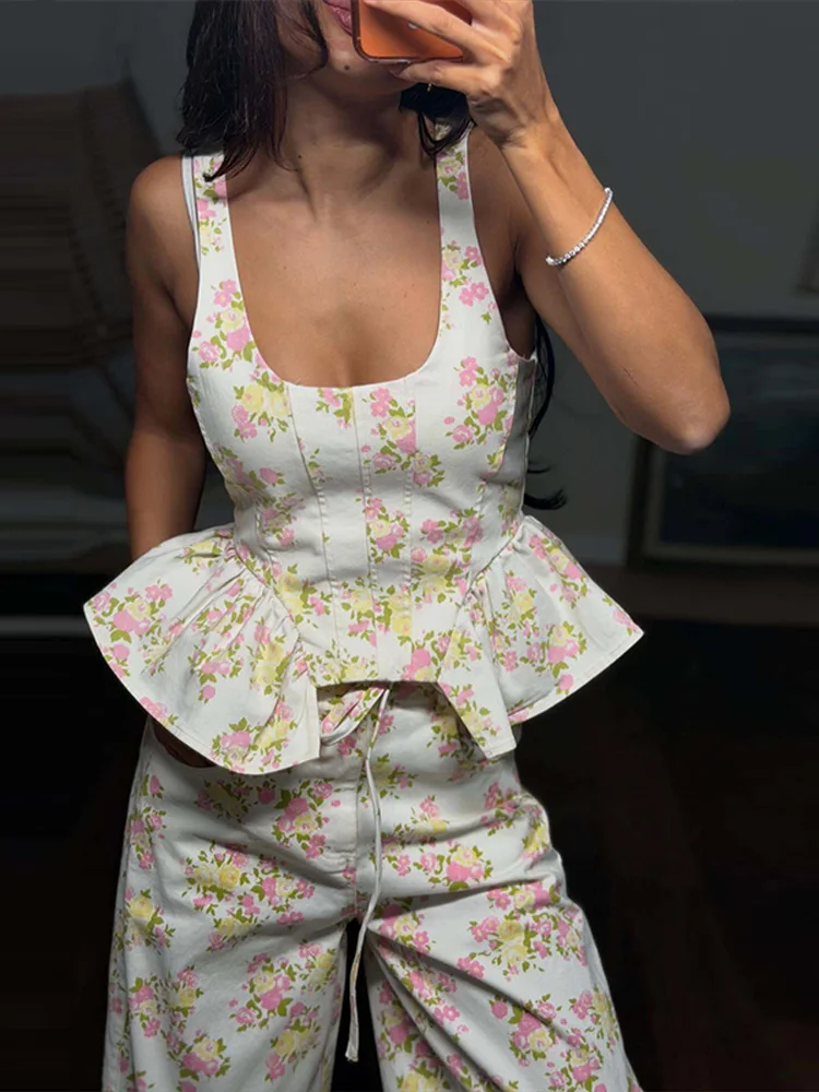 

Элегантные женские комплекты из топа без рукавов с принтом и широких брюк с рюшами, летние праздничные наряды из 2 предметов, коллекция 2026