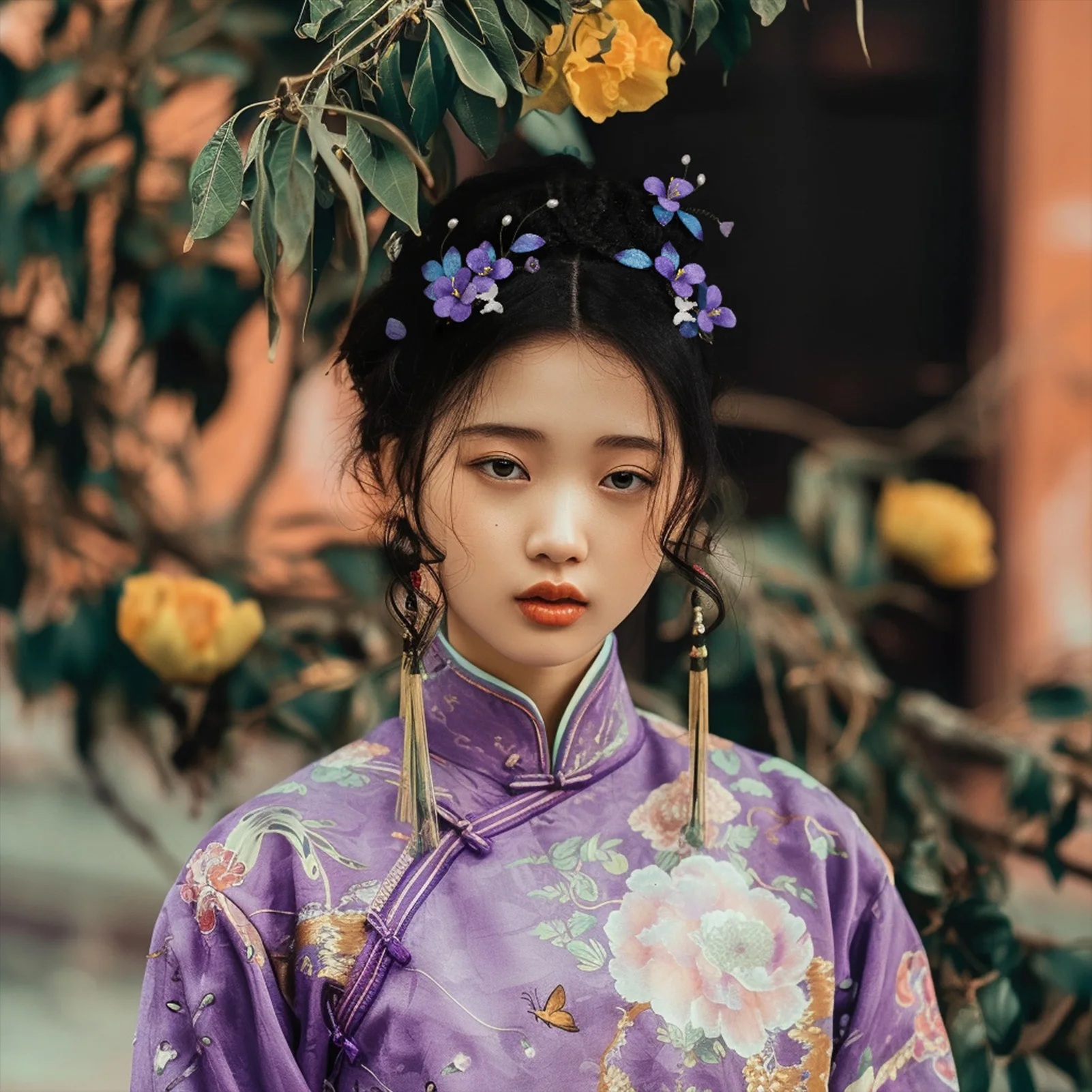 Pinza para el pelo de flor tipo terciopelo, horquilla de tela violeta de estilo chino para disfraz Hanfu, accesorios para el cabello de novia de boda tradicional