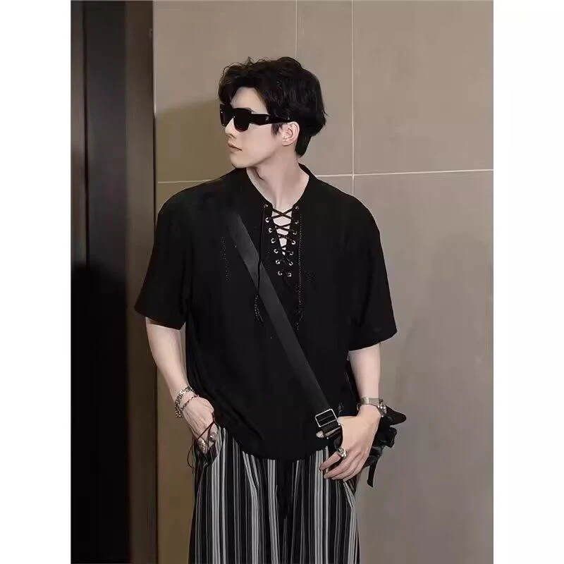 Men's Hollow Out Lace-Up Short Sleeve Shirt 2025 New Streetwear Harajuku Fashion Casual Loose Black Top Ins Style Y2K Trendy Tee 4