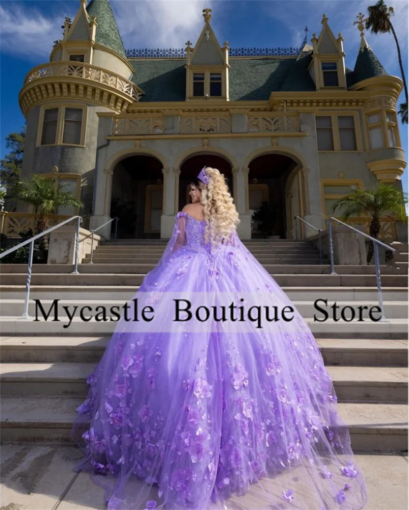 Light Purple 3D Flowers Ball Gown Quinceanera Dresses 2023 Off Shoulder Cloak Beaded Sweet 16 Dress Birthday Vestido De 15 Anos