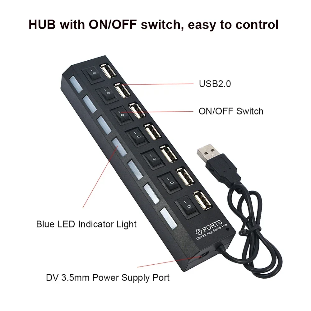 High Speed 4/7 Ports USB HUB 2.0 Adapter Expander Multi USB Splitter Multiple Extender with LED Lamp Switch for PC Laptop