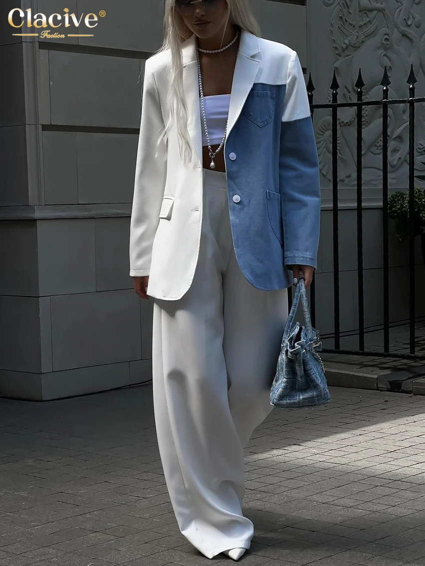 Clacive Fashion Loose White Trousers Sets For Women 2 Pieces Elegant Long Sleeve Blazer With High Waist Wide Pants Set Female