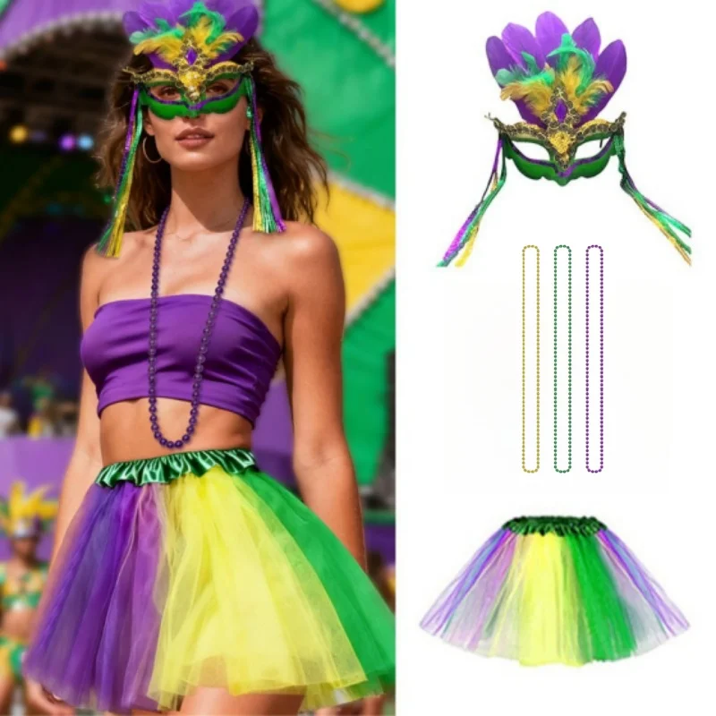 

3pcs/set Carnival Half Face Feather Mask Necklace and Skirt Set for Masquerade Ball Party Stage Performance Decorations Props