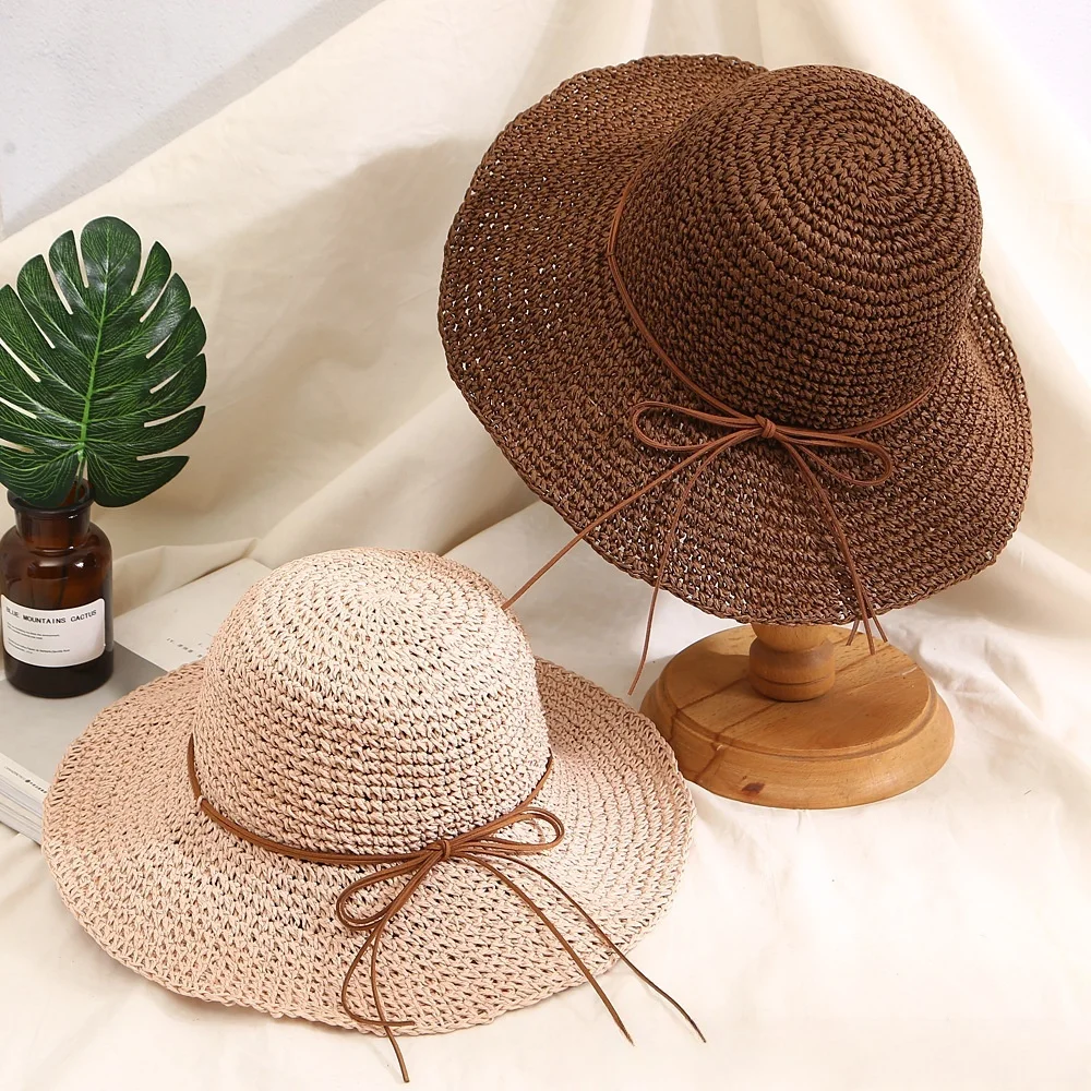 جديد عطلة الشاطئ صياد قبعة شاطئ البحر حماية الشمس قبعة الشمس كبيرة حافة القوس المنسوجة القش قبعة المرأة بنما فاتحة الكورية #1
