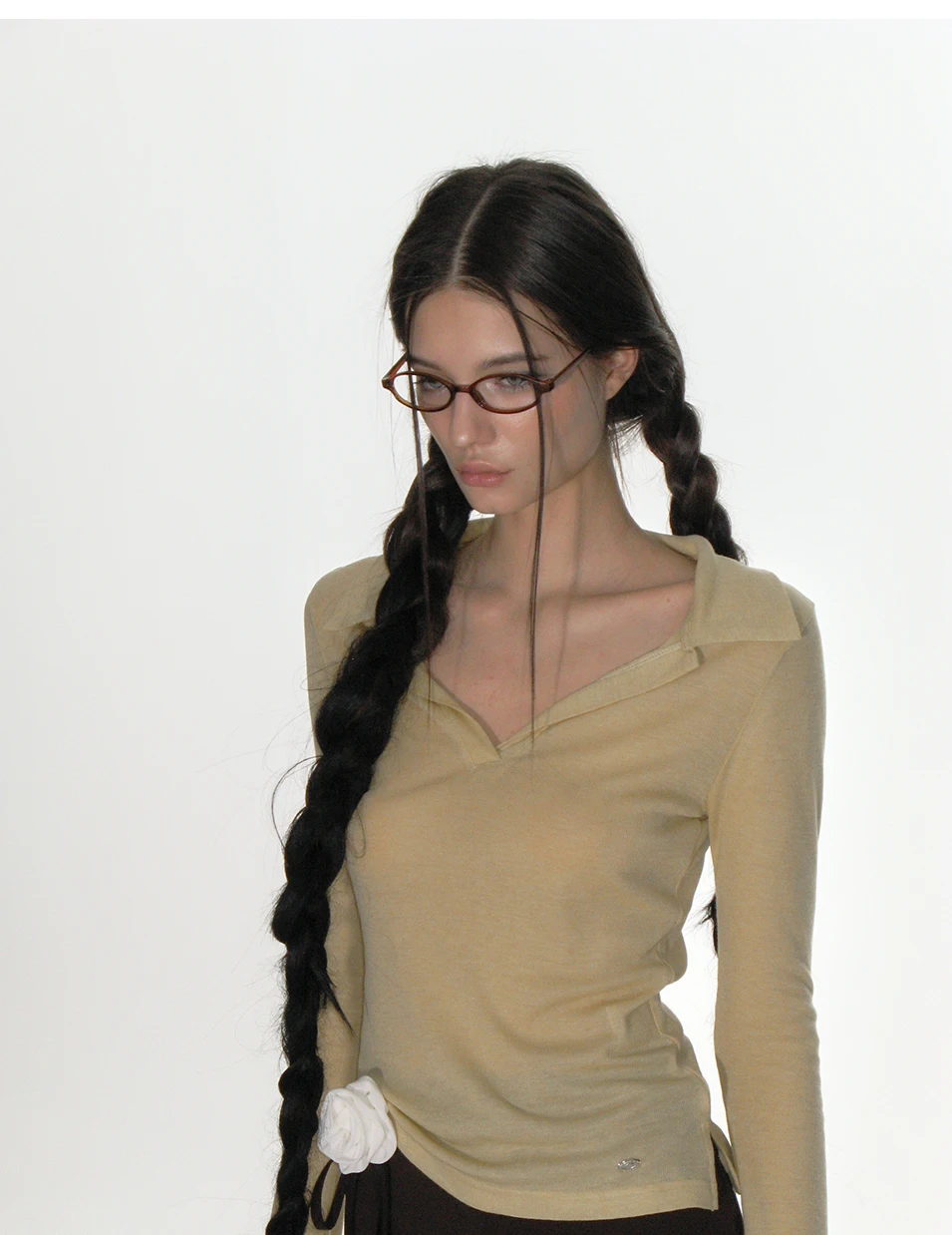 Ropa informal sencilla coreana con cuello en V, camiseta de manga larga con cuello tipo Polo que combina con todo, camisetas básicas ajustadas de Color sólido para primavera y otoño