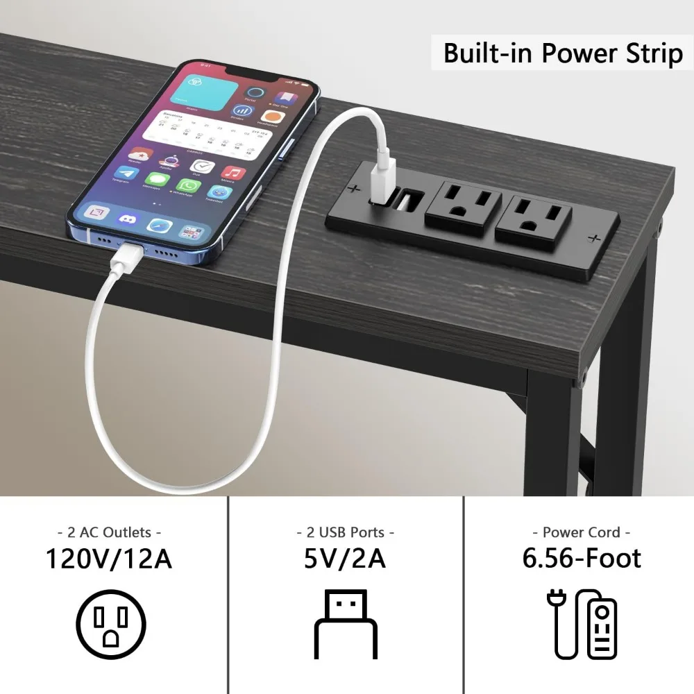 Skinny-Estreito Tabela Console Longo Com Tomadas De Energia, Entrada De Madeira Industrial, Portas USB, 5,9 "Tabela Console, 47,24"