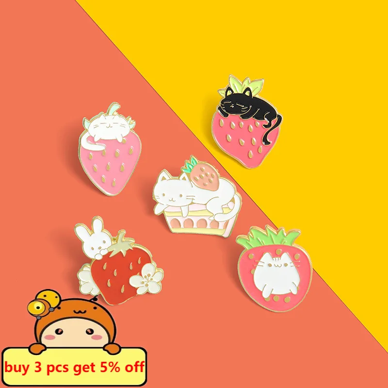 Strawberry with Animals Enamel Pins Cartoon Fruit Clothes Brooch Lapel Badge Jewelry Wholesale Gift for Friends Drop Shipping