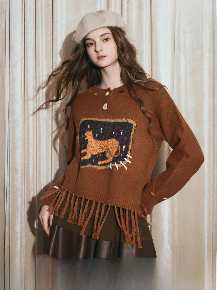 

TWO THINGS STARS DIARY Women's round Ne Knitwear Fringe Hem Tassel Sweater Winter New Arrival Fun Color Stripes Warmth