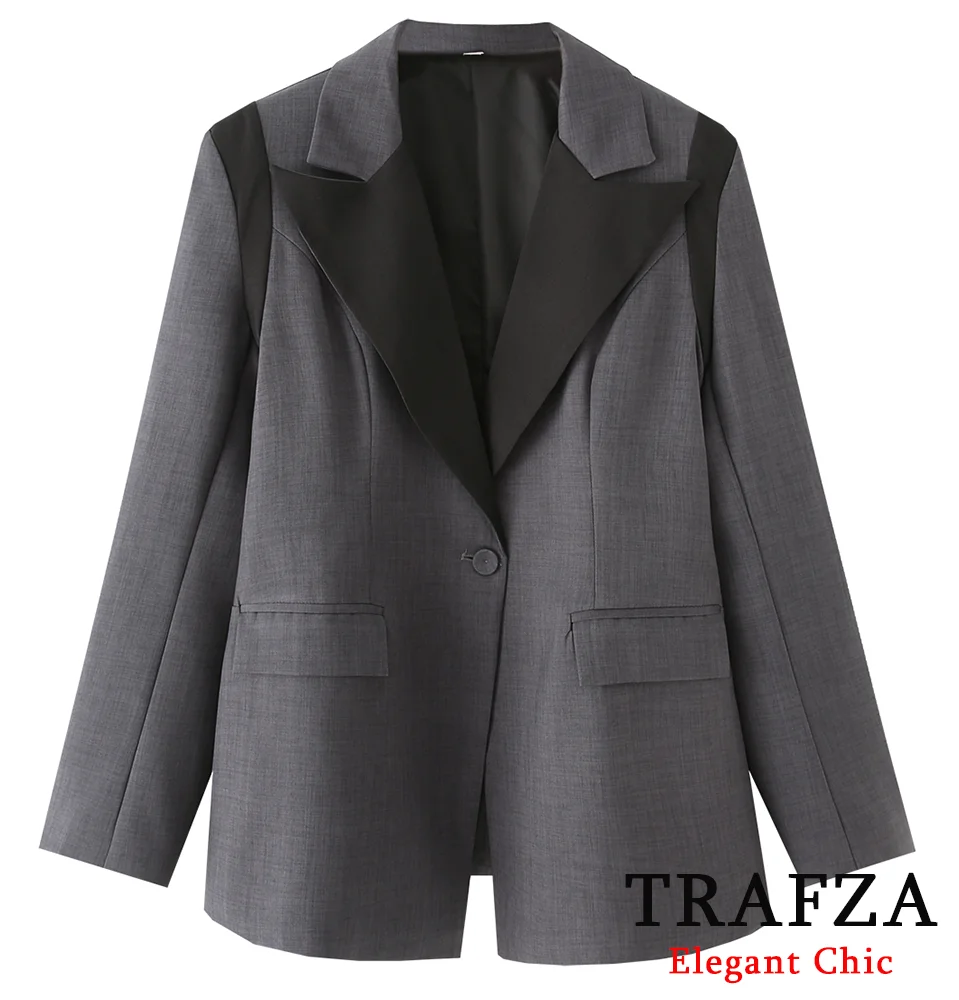 

TRAFZA Women Elegant Splicing Color Suit Black Gray Wide Shoulder Blazer 2025 New Spring Summer Fashion Date Dinner Blazer