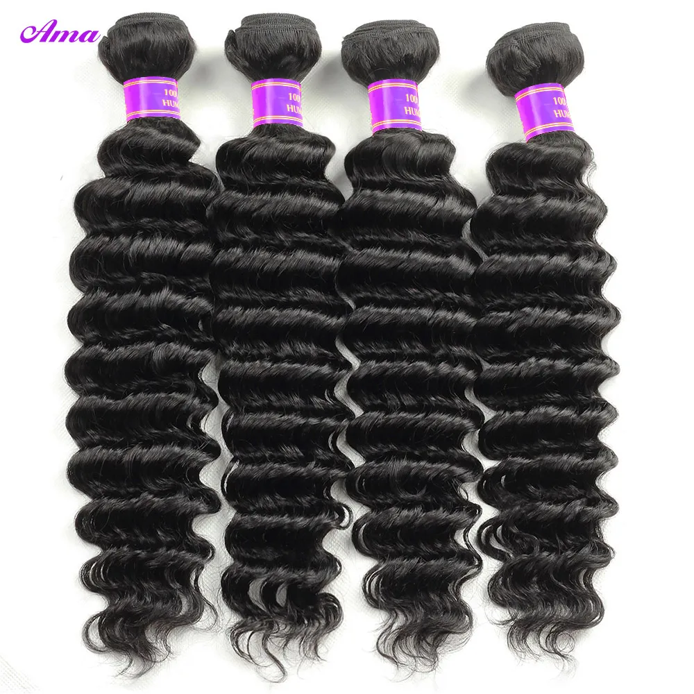 Bundles brésiliens de cheveux humains Deep Wave avec fermeture, partie libre, 4x4 ", 3/4