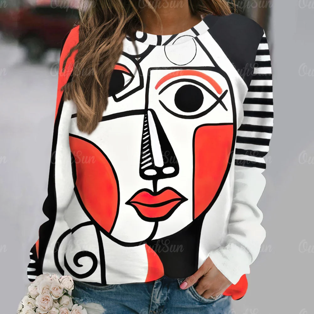 Geometry Abstract Print Women\'s T-shirts Vintage Art Long Sleeves Tees Autumn Casual Female Clothing Loose Daily Streetwear Tops