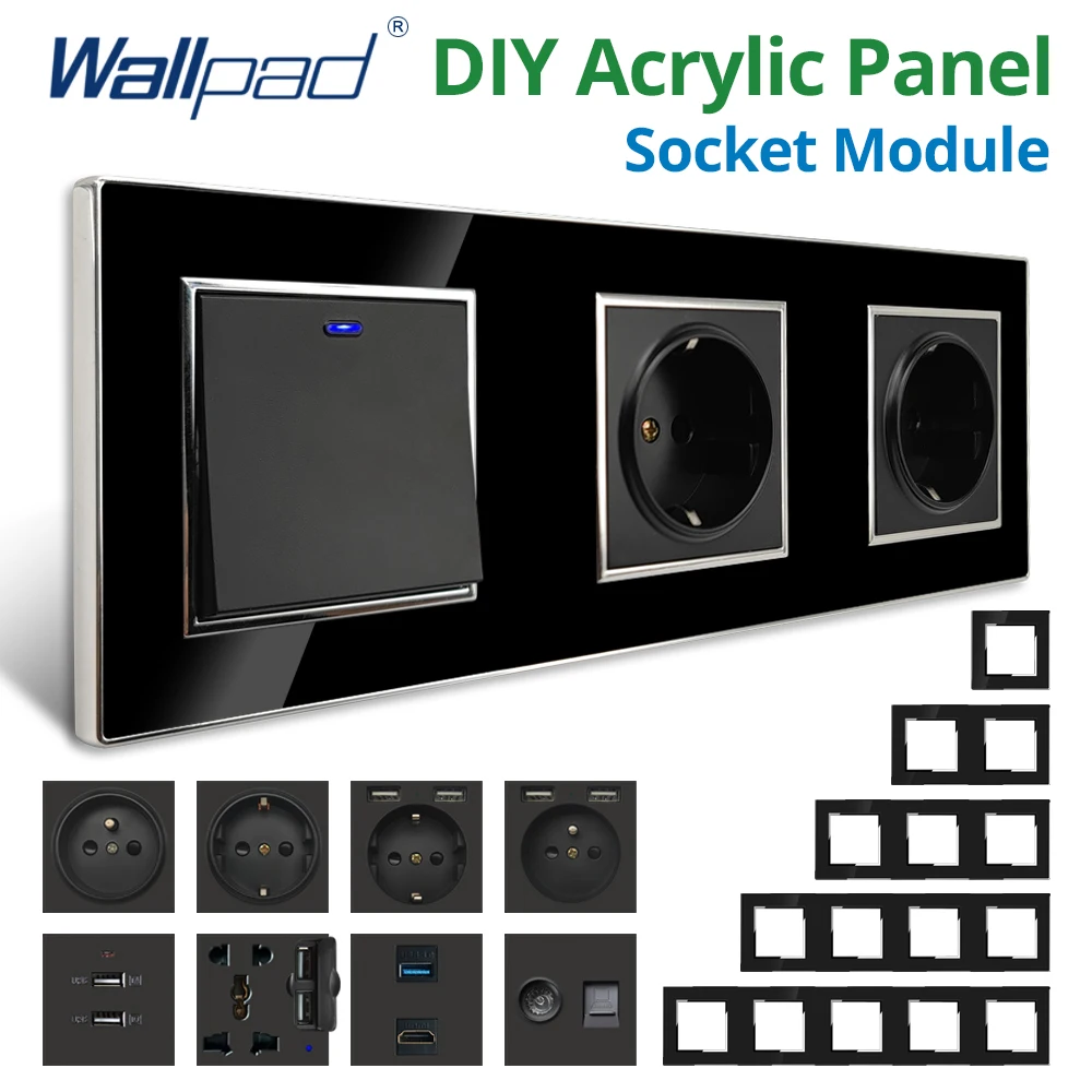 Wallpad Black DIY Module Acrylic Panel With Silver Border Wall Power Socket Electrical Outlet S6 Function Key Free Combination