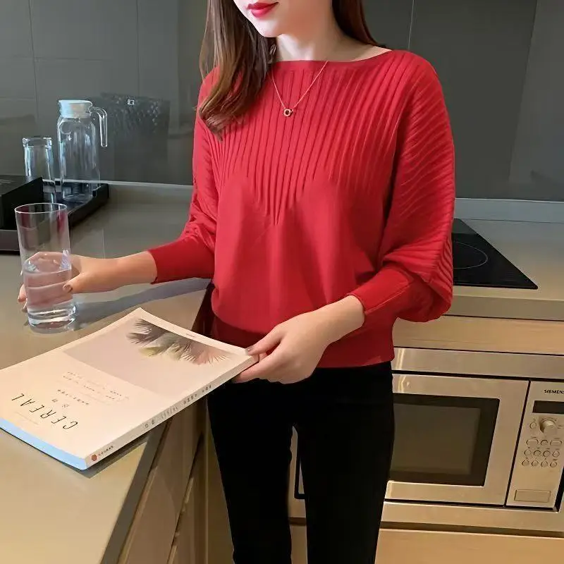 One Neck Top for Autumn and Winter Fashionable Solid Color Batball Sleeve Knitted Sweater for Women Long Sleeved Loose Sweater