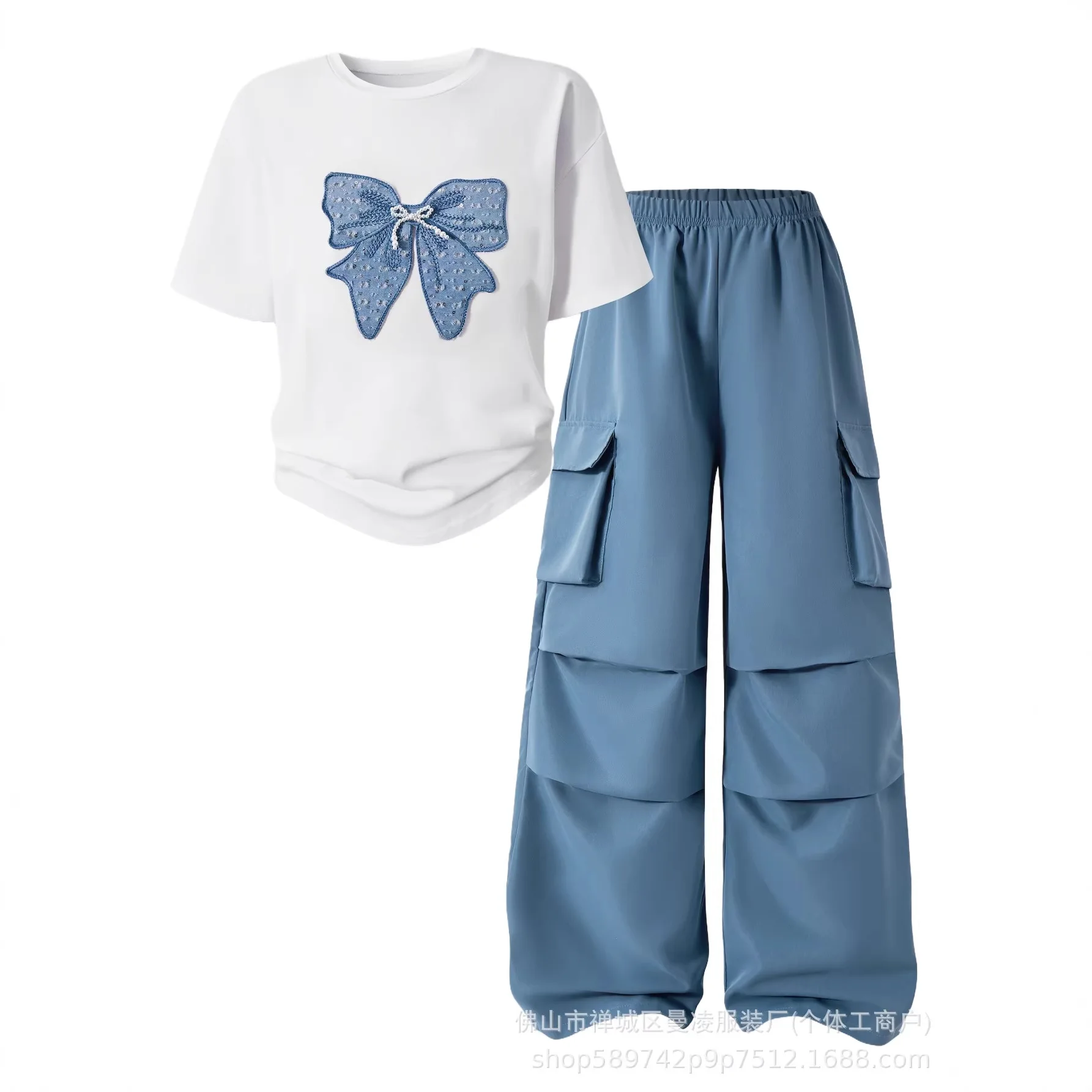 Girls' summer suit bow top 2026 loose and thin design high waist wide leg overalls