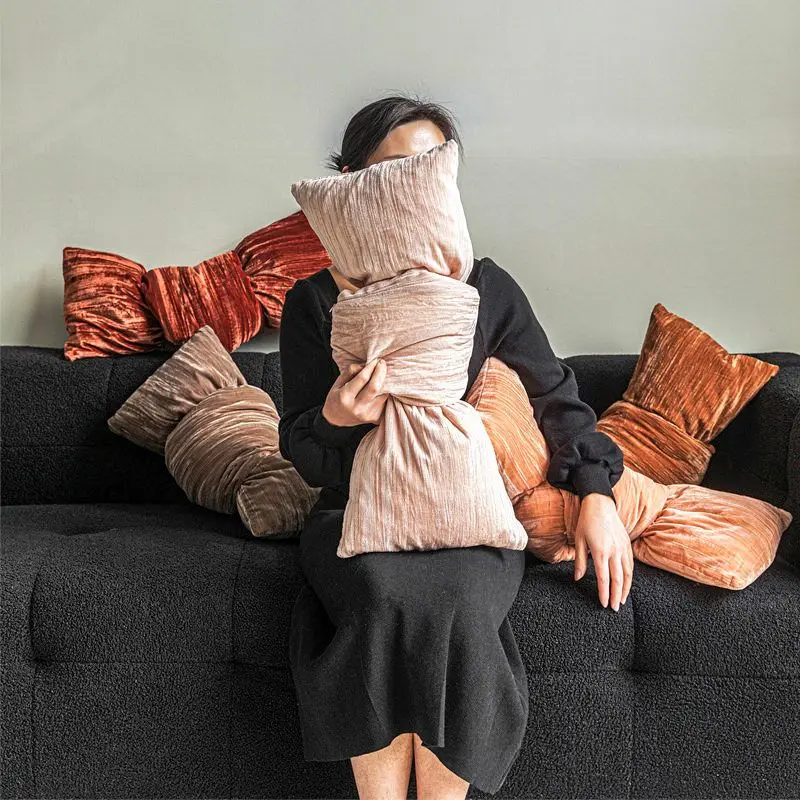 

Подушка из бархата цвета розового золота с бантом, декоративная праздничная подушка, наполнитель в комплекте, в винтажном стиле, из полиэстера